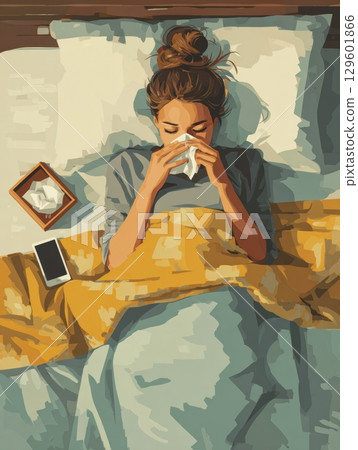 A teenager lies in bed wrapped in blankets, holding a tissue as they check their phone. The room features muted colors and a sense of calm during downtime. A teenager lies in bed wrapped in blankets, holding a tissue as they check their phone. The room features muted colors and a sense of calm during downtime. 129601866