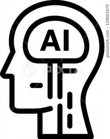 An outline of a human head featuring an AI chatbot icon represents the integration of artificial intelligence with human cognition and communication. 129601879