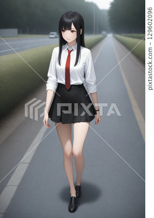 High school girl in uniform walking around town 129602096