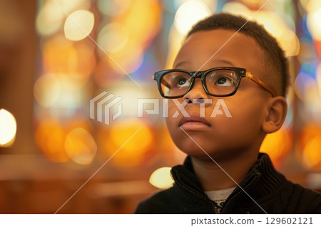 Thoughtful and sad toddler boy at a church , close view. 129602121