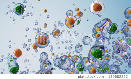 Abstract 3D Illustration of Bubbles With Colorful Elements Suspended in Transparent Liquid Abstract 3D Illustration of Bubbles With Colorful Elements Suspended in Transparent Liquid 129602232