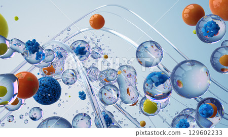 Abstract 3D Illustration of Bubbles With Colorful Elements Suspended in Transparent Liquid 129602233