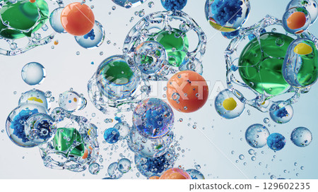 Colorful Microscope View of Vibrant Bubbles and Cells in a Liquid Medium Colorful Microscope View of Vibrant Bubbles and Cells in a Liquid Medium 129602235