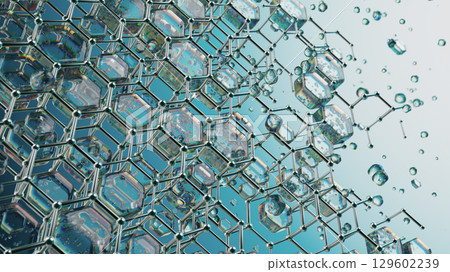 Futuristic Molecular Structure with Transparent Hexagons and Liquid Droplets 129602239