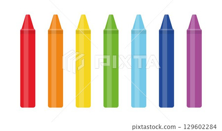 Set of colorful wax crayons in rainbow colors, isolated on white background, vibrant art supplies for drawing, school, and crafts, simple flat design illustration for education and creative projects Set of colorful wax crayons in rainbow colors, isolated on white background, vibrant art supplies for drawing, school, and crafts, simple flat design illustration for education and creative projects 129602284