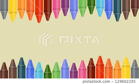 Colorful crayons border illustration with vibrant wax pencils arranged at the top and bottom on a light beige background, creative school art supplies frame for kids, drawing, and educational design. Colorful crayons border illustration with vibrant wax pencils arranged at the top and bottom on a light beige background, creative school art supplies frame for kids, drawing, and educational design. 129602285