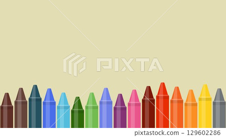 Row of colorful crayons illustration on a light beige background, vibrant wax pencils for school, kids, art, and creative design, perfect for educational materials, drawing projects, craft templates Row of colorful crayons illustration on a light beige background, vibrant wax pencils for school, kids, art, and creative design, perfect for educational materials, drawing projects, craft templates 129602286