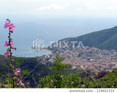 Beautiful View of Budva City and Its Stunning Riviera Surrounded by Lush Mountains 129602314
