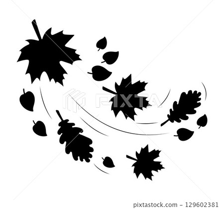 Silhouette of autumn leaves blowing in the wind. Black vector foliage illustration with maple and oak shapes. Seasonal nature design for decoration, background, patterns, and fall themes. 129602381