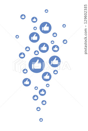 Blue thumbs up like icons arranged in a vertical stream on white background, social media approval positive feedback concept, flat design illustration, digital communication online networking symbol 129602385