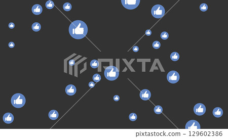 Blue thumbs up icons pattern on dark background, social media like symbols scattered randomly, digital communication concept, online approval, feedback interaction, internet networking illustration 129602386