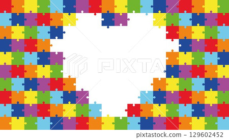 Colorful Puzzle Heart Frame. Jigsaw Pieces Border with Empty Center. Rainbow Autism Awareness Design, Children Logic Game Concept, Creative Background for School, Love, Education or Poster. 129602452