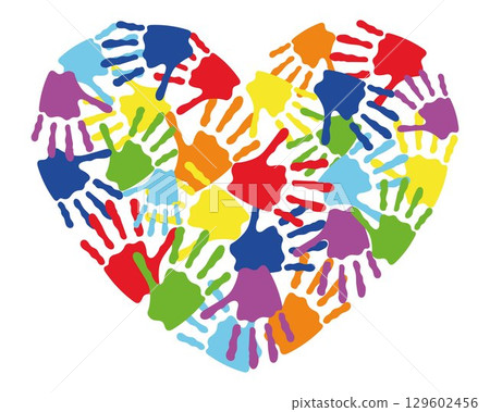 Colorful Handprints in Heart Shape. Diversity, Unity and Love Symbol. Multicolored Children Hand Prints Forming Heart. Abstract Art for Charity, Education, Multicultural Concepts 129602456