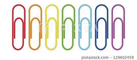 Colorful Rainbow Paper Clips Isolated. Office Supplies, Stationery Concept, Minimal Design for Business and School, Bright Spectrum Colors Colorful Rainbow Paper Clips Isolated. Office Supplies, Stationery Concept, Minimal Design for Business and School, Bright Spectrum Colors 129602459