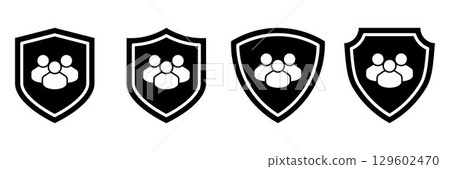 User protection icons. Black shields with group symbols representing online safety, privacy protection, secure access, data defense, social security and user privacy for websites and apps. 129602470
