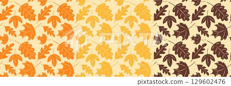 Seamless Autumn Leaves Pattern in Three Color Variations. Fall Oak, Maple, and Other Leaf Silhouettes on Beige Background. Seasonal Botanical Illustration for Fabric and Packaging Design Seamless Autumn Leaves Pattern in Three Color Variations. Fall Oak, Maple, and Other Leaf Silhouettes on Beige Background. Seasonal Botanical Illustration for Fabric and Packaging Design 129602476