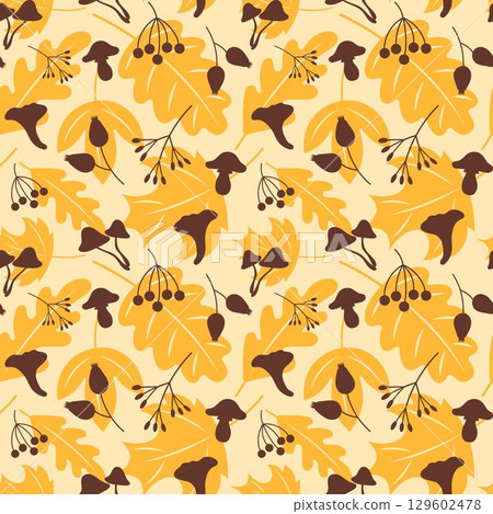 Seamless Yellow Autumn Pattern with Leaves, Mushrooms, Berries, and Botanical Elements. Hand-Drawn Fall Background for Textile, Wrapping Paper, Wallpaper, and Seasonal Crafts. 129602478