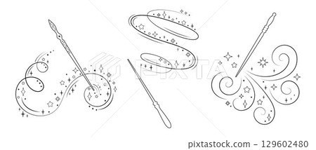 Magic wands with swirl sparkles and stars set. Vector outline illustration of magical spell effects with star dust, decorative wizard staff, fantasy enchantment design. Magic wands with swirl sparkles and stars set. Vector outline illustration of magical spell effects with star dust, decorative wizard staff, fantasy enchantment design. 129602480