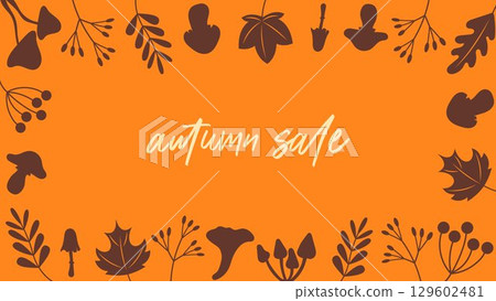 Autumn Sale Banner with Fall Leaves and Mushrooms. Seasonal Promotional Template on Orange Background for Marketing, Discount, Thanksgiving, and Seasonal Advertising Campaigns Autumn Sale Banner with Fall Leaves and Mushrooms. Seasonal Promotional Template on Orange Background for Marketing, Discount, Thanksgiving, and Seasonal Advertising Campaigns 129602481