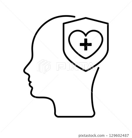 Mental health protection line icon. Human head with medical shield. Psychological safety, wellness and healthcare concept. Vector illustration for apps, websites, posters, infographics. Mental health protection line icon. Human head with medical shield. Psychological safety, wellness and healthcare concept. Vector illustration for apps, websites, posters, infographics. 129602487