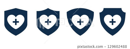 Set of Medical Health Shield Icons with Heart and Cross Symbols, Flat Vector Healthcare Protection Badges, Security Emblem for Hospitals, Insurance, Medicine, Clinic, Pharmacy, Web, and Apps. Set of Medical Health Shield Icons with Heart and Cross Symbols, Flat Vector Healthcare Protection Badges, Security Emblem for Hospitals, Insurance, Medicine, Clinic, Pharmacy, Web, and Apps. 129602488