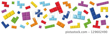 Colorful Tetris Blocks Banner. Retro Puzzle Game Elements Scattered on White Background, Fun Pixel Style Horizontal Layout for Web, Ads, Kids, Games, and Tech-Themed Projects. Colorful Tetris Blocks Banner. Retro Puzzle Game Elements Scattered on White Background, Fun Pixel Style Horizontal Layout for Web, Ads, Kids, Games, and Tech-Themed Projects. 129602490