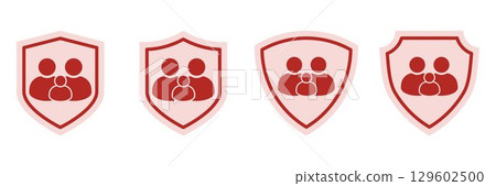 Family Protection Icon Set. Red Shield Symbols with Parents and Child Silhouette, Concept of Security, Safety, Health Insurance, Social Support, and Parental Care in Flat Vector Style Family Protection Icon Set. Red Shield Symbols with Parents and Child Silhouette, Concept of Security, Safety, Health Insurance, Social Support, and Parental Care in Flat Vector Style 129602500