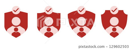 Family Protection Icons Set. Shield Symbols with Parent and Child Silhouettes and Check Marks Representing Safety, Security, Family Insurance, and Parental Care. Flat Red Design 129602503
