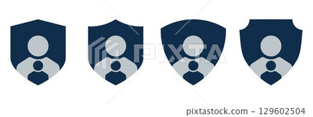 Family Protection Icons Set. Dark Blue Shield Symbols with Parent and Child Silhouettes Representing Safety, Family Security, Parental Support, Insurance, and Care. Flat Design Elements 129602504