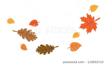 Autumn Falling Leaves Isolated. Colorful Seasonal Oak, Maple, and Birch Tree Leaves in Motion. Flat Hand Drawn Vector Illustration of Fall Nature Elements. 129602510