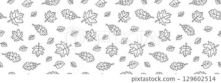 Seamless Autumn Leaf Pattern. Hand Drawn Fall Foliage Background in Black and White, Minimal Line Art Maple and Oak Leaves for Seasonal Fabric, Wrapping Paper, Wallpaper and Stationery 129602514