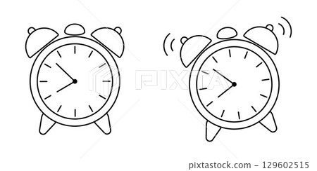Ringing Alarm Clock Line Icons. Minimalist Black Outline of Vintage Wake-Up Clocks, Silent and Ringing Versions. Editable stroke. Simple Hand-Drawn Style for Morning, Time, Wakeup, or Schedule Designs 129602515