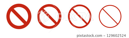 No symbol prohibition sign illustration. Red circle with diagonal slash, general ban icon, empty no entry symbol vector. Universal prohibition graphic for warning, safety, rule and restriction visuals No symbol prohibition sign illustration. Red circle with diagonal slash, general ban icon, empty no entry symbol vector. Universal prohibition graphic for warning, safety, rule and restriction visuals 129602524