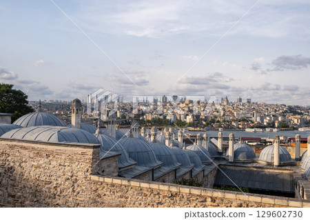 The historic domes of Istanbul against the backdrop of a bustling Bosphorus and modern skyline. The historic domes of Istanbul against the backdrop of a bustling Bosphorus and modern skyline. 129602730