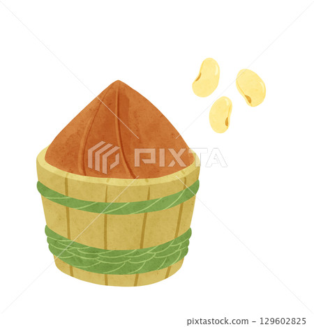 Miso barrel and yellow soybeans watercolor hand-drawn illustration 129602825