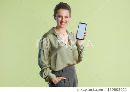 Woman presenting smartphone screen 129602921