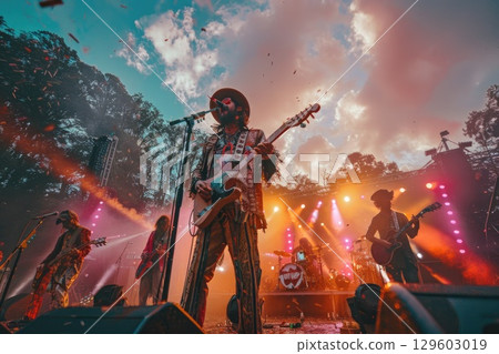 Bohemian Musician Playing Acoustic Guitar at Sunset Festival 129603019