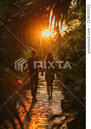 Romantic Beach Sunset Stroll for Couple Holding Hands by the Ocean at Golden Hour 129603022