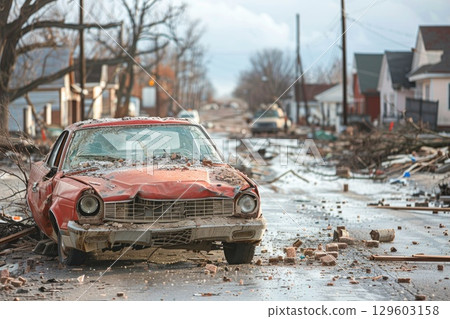 Abandoned Damaged Car on Debris-Strewn Street in Post-Storm Residential Neighborhood 129603158