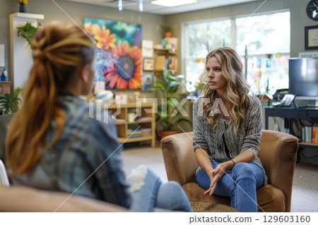 Counseling Session with Therapist and Client in Bright, Floral Room Counseling Session with Therapist and Client in Bright, Floral Room 129603160