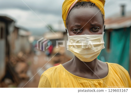 Woman Wearing Face Mask in Outdoor Urban Area 129603167