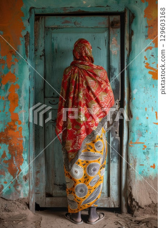 Colorful Traditional Attire Woman Standing in Front of Rustic Painted Door 129603168