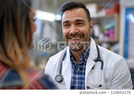 Compassionate Doctor Consulting Female Patient in Modern Medical Office 129603276