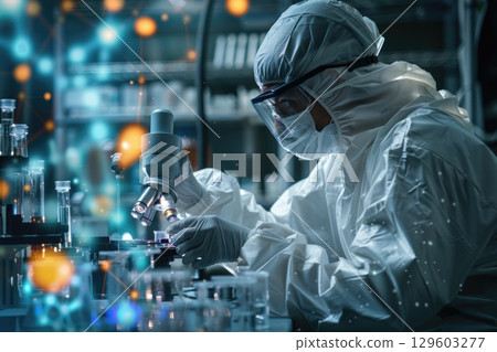 Scientist Examining Sample Under Microscope in Hi-Tech Laboratory with Advanced Research Equipment 129603277