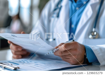 Doctor Reviewing Medical Documents in Office Environment with Pen in Hand 129603279