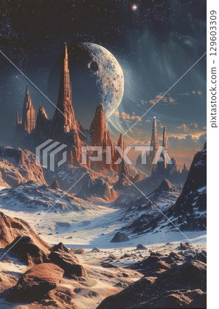 Majestic Alien Landscape with Enormous Moon Over Red Rock Formations and Serene River Majestic Alien Landscape with Enormous Moon Over Red Rock Formations and Serene River 129603309