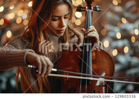 Young Woman Playing Cello During Festive Holiday Season Indoors with Decorative Lights in Background 129603316
