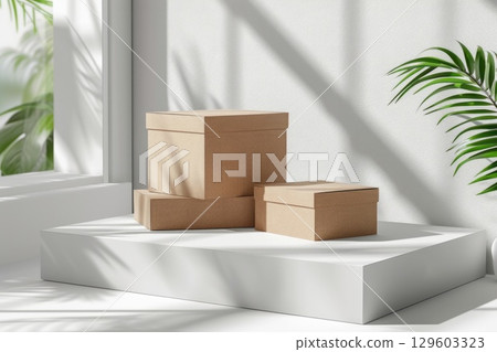 Eco-Friendly Cardboard Boxes and Greenery in Minimalist Sunlit Setting 129603323