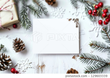Blank Holiday Card with Festive Christmas Decorations and Lights Blank Holiday Card with Festive Christmas Decorations and Lights 129603339