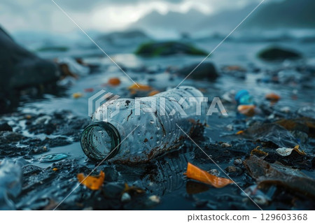 Polluted Beach with Plastic Bottle and Waste Reflecting Environmental Pollution 129603368